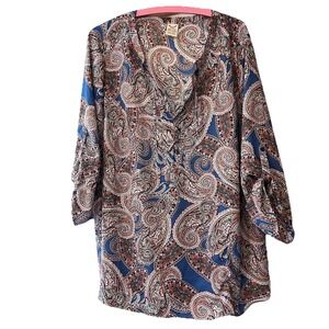 Faded Glory Boho‎ Paisley Peasant Top Blouse Womens Size 1X 16W Semi Sheer Blue